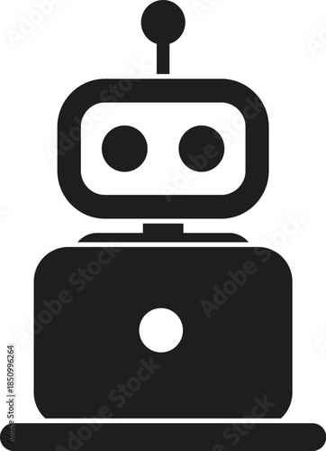 Black and white icon of a robot controlling a laptop, symbolizing automation, artificial intelligence, and technological advancement