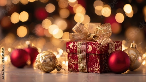 Beautifully wrapped Christmas gift with gold bow and ornaments on white surface