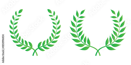 Green laurel wreath. Green silhouette laurel foliate wreaths, award, achievement, chaplet, heraldry, nobility. Green leaf silhouette