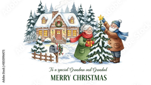 Watercolor Christmas Illustration of Grandma and Grandad Decorating Tree by Snowy Cottage Winter Scene