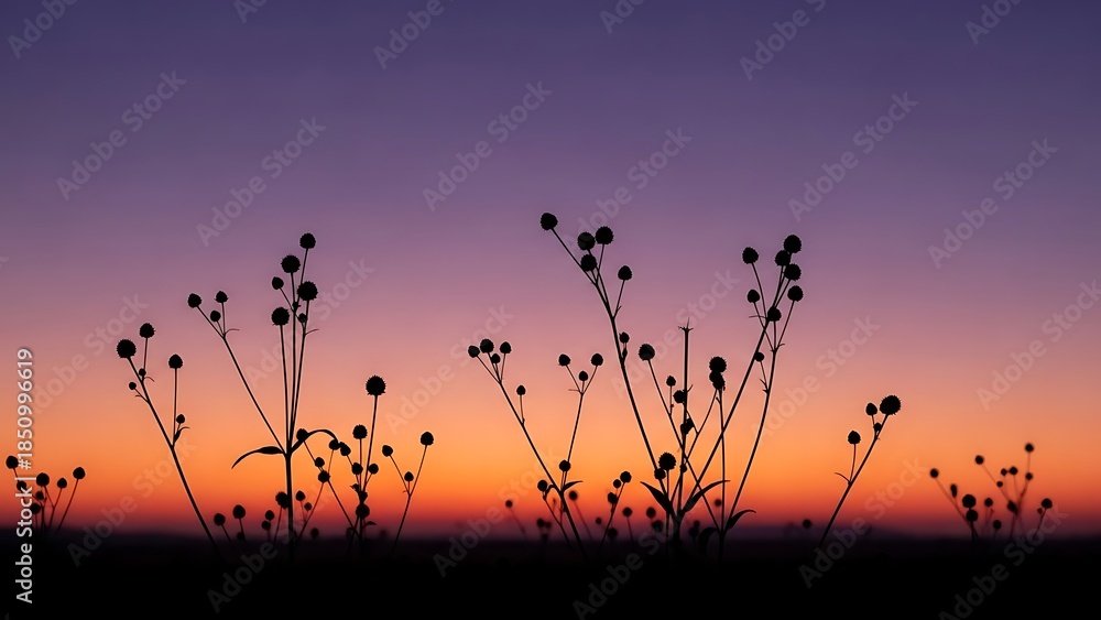 Obraz premium Silhouette of plants against a colorful sunset flowers purple