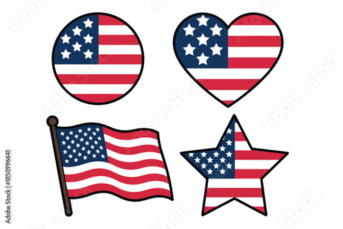 Usa flag vector icon collection, american national symbols in heart, circle, and star shapes, patriotic graphics for 4th of july and independence day