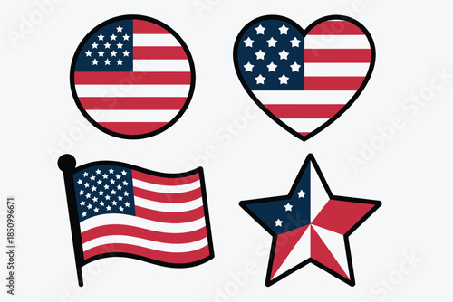 Usa flag icon set vector illustration, american national symbol collection in circle, heart, and star shapes, patriotic emblem for 4th of july and independence day graphics,