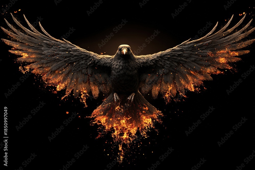 Fototapeta premium Black raven spreading its wings with fiery sparks and molten flames surrounding the feathers