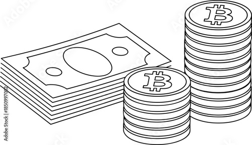 Minimalist black and white vector line illustration of a stack of paper banknotes alongside two piles of Bitcoin cryptocurrency coins representing diverse wealth.