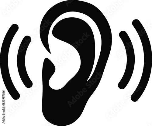 Modern flat silhouette showing a human ear to denote specialized auditory health, noise detection services, medical hearing aids, and interactive voice recognition technology.