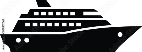 Modern flat silhouette showing a massive marine boat to denote specialized coastal cruising, yachting adventures, naval transport infrastructure, and offshore recreational travel destinations.