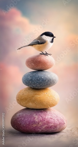 Small bird perches atop balanced stacked stones against a soft sky.