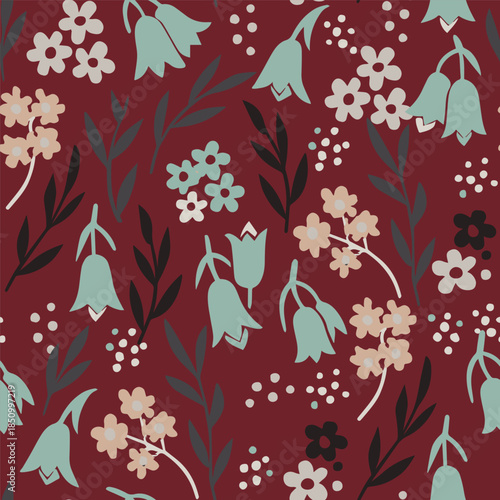 Vintage Scandinavian style floral pattern. Moody botanical background with bluebells and wildflowers for fabric, wallpaper, and commercial packaging.