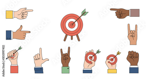 Diverse hand gestures pointing, holding targets with arrows, and making other signs, representing goals, direction, and achievement.