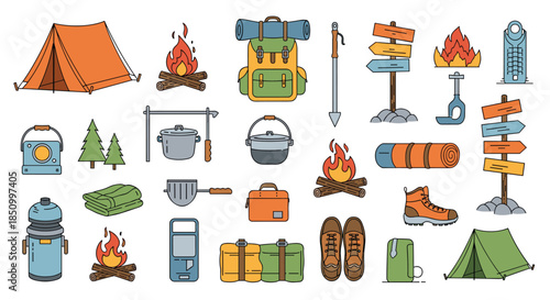 A vibrant collection of flat vector icons illustrating various essentials and equipment for camping, hiking, and outdoor adventures.