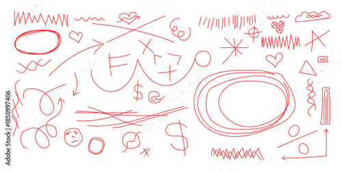 Abstract red scribbles and shapes on white background