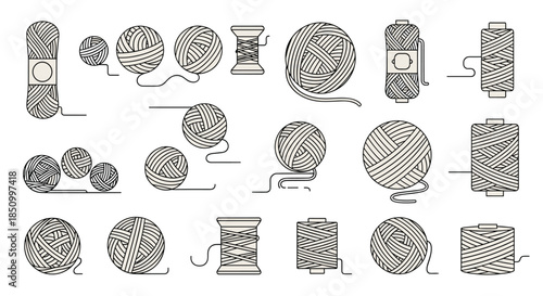 An assortment of crafting essentials featuring different types of yarn and thread presented as skeins, balls, and spools for textile arts.