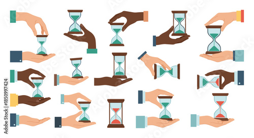 Various hands of diverse people holding and turning hourglasses, symbolizing the concept of time passing and its management.