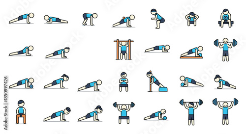 Pixel art style collection of people performing various gym and home exercises for fitness and health routines.