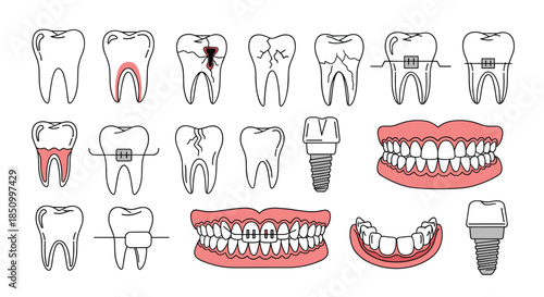 A set of dental care and health icons depicting various tooth conditions, treatments, and prosthetics including braces, implants, and dentures.