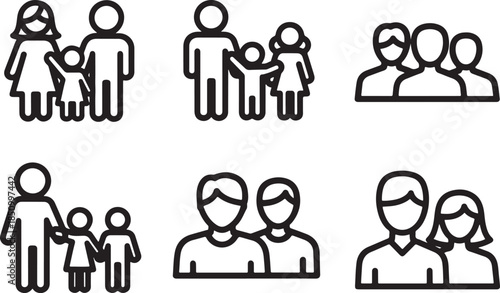 Hand drawn vector illustration set featuring business people icons and cartoon character sketches of a family with a child, baby, and cat in a playful doodle style.