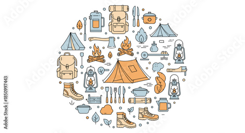 A circular arrangement of essential camping and outdoor adventure gear, illustrated with line art icons and a warm color palette.