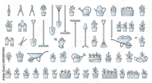 A comprehensive set of outline illustrations featuring various gardening tools, potted plants, and seedlings, ideal for spring horticulture projects.