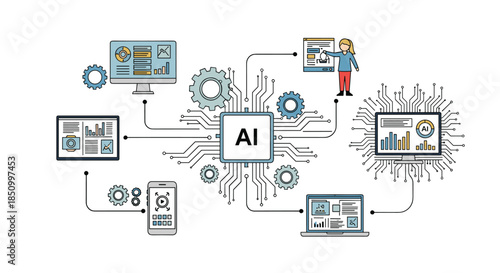 Artificial intelligence ecosystem with a central processor unit connecting to computers, mobile devices, and various data analysis applications.