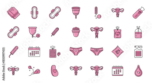 A collection of pink icons illustrating feminine hygiene, reproductive health, menstrual cycle tracking, and fertility.