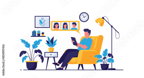 Man participates in a virtual meeting on his tablet from the comfort of his home, surrounded by modern decor and plants.