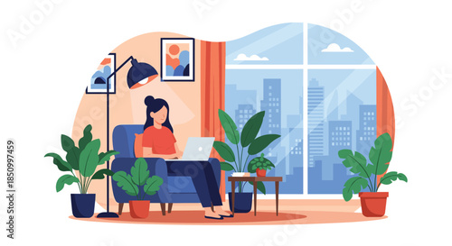 Woman working remotely from home on a laptop, surrounded by houseplants in a cozy modern apartment with a city view.