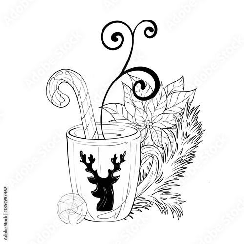 Mug Filled With Candy Cane Leaves and Festive Decoration Intricate Design for Holiday Coloring Activity