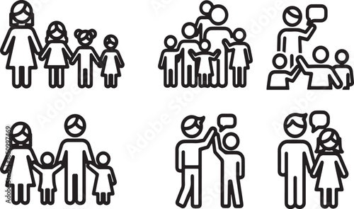 Hand drawn vector illustration set featuring business people icons and cartoon character sketches of a family with a child, baby, and cat in a playful doodle style.