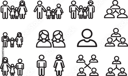 Hand drawn vector illustration set featuring business people icons and cartoon character sketches of a family with a child, baby, and cat in a playful doodle style.