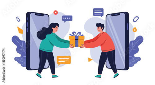A man and a woman emerge from smartphones to exchange a gift, symbolizing online gift-giving and digital connections.