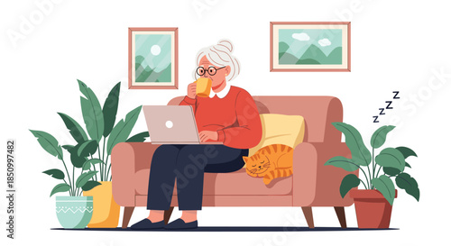 Elderly woman working remotely on laptop at home while enjoying a drink with her sleeping cat and houseplants.