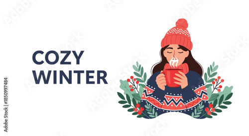 A woman in a cozy winter hat and sweater sips a warm drink, surrounded by festive winter foliage and the text 'COZY WINTER'.