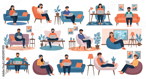 Diverse individuals comfortably working or studying from home, using laptops in various relaxed settings, illustrating the modern remote work lifestyle.