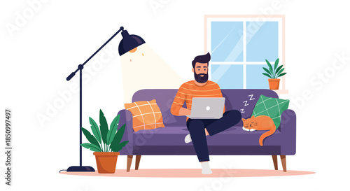 A bearded man works remotely on a laptop, sitting comfortably on a purple sofa next to his sleeping cat in a cozy home environment.
