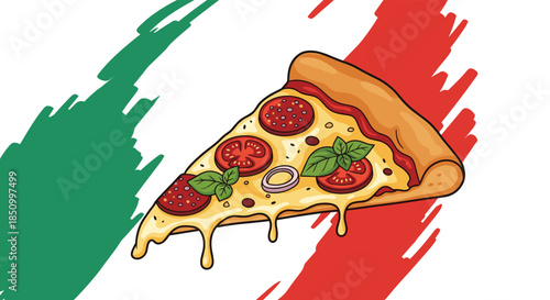 A vibrant illustration of a delicious pizza slice with classic toppings and melting cheese, set against a stylized, brush-stroked Italian flag background.