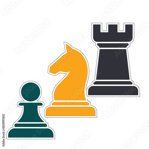 Stylized illustration of three classic chess pieces: a pawn, a knight, and a rook, on a white background.