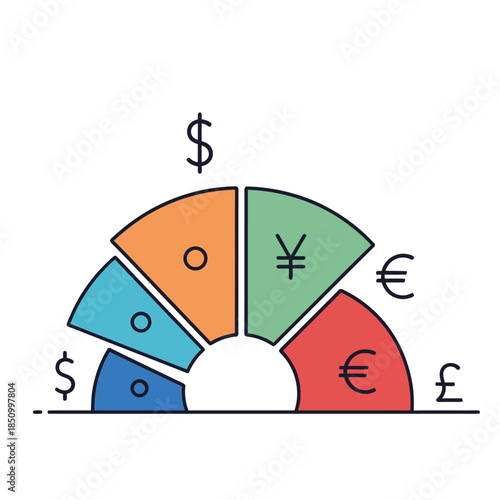 Financial portfolio diversification with various international currencies represented in a semi-circular chart.