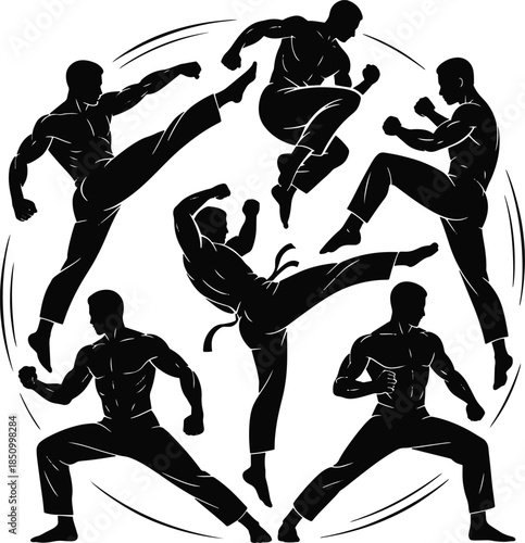 Karate Fighters Mid- Air Kicks and Punches Silhouette Circle Keywords: karate, martial arts