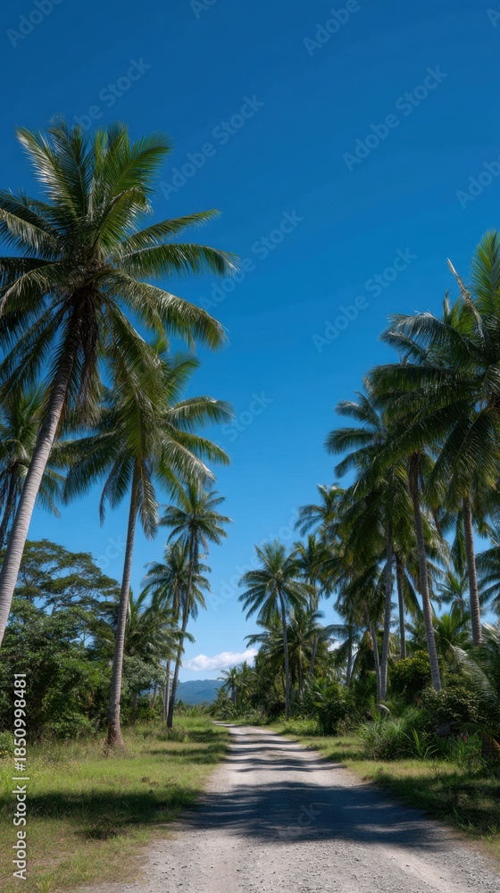 Fototapeta premium Lush Tropical Jungle Pathway Surrounded by Tall Palm Trees Under Clear Blue Sky