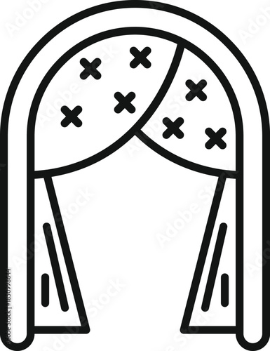 Elegant wedding arch with draped fabric and decorative crosses, creating a romantic setting for exchanging vows