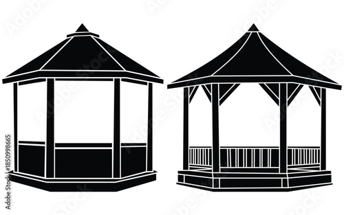 - Minimalist Black Gazebo Silhouette Highlighting Traditional Garden Pavilion Style and Structural Features
