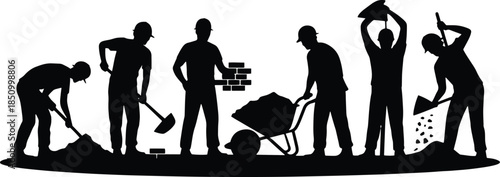 Construction Workers Silhouettes Building and Moving Materials