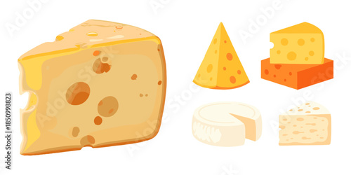 Assortment of cheese kinds and shapes illustration