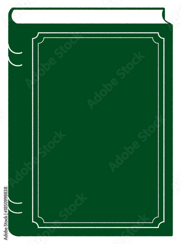 深い緑色のクラシックなハードカバーの本のシルエット。シンプルなベクターのイラスト素材。図書館や書店ののイベント、読み聞かせ会や読書会のフライヤー背景などに最適な本のイラスト。手書き風の描線で温かさを表現。ベクターでダウンロードした場合、装飾のラインは簡単に削除可能。
