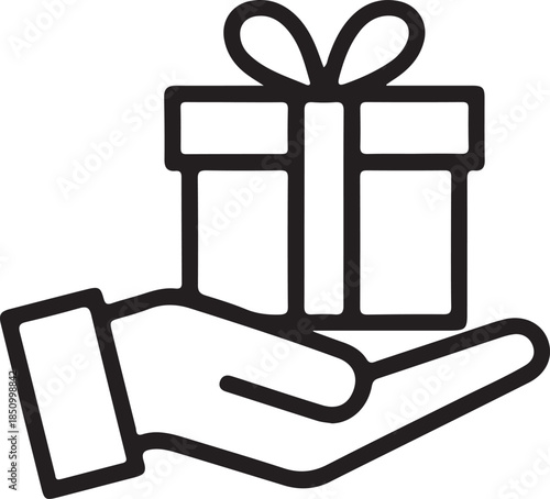 Hand Holding Gift Box Icon Illustration, Simple line icon showing a hand holding a wrapped gift box, symbolizing giving, support, charity, rewards, or customer appreciation.

