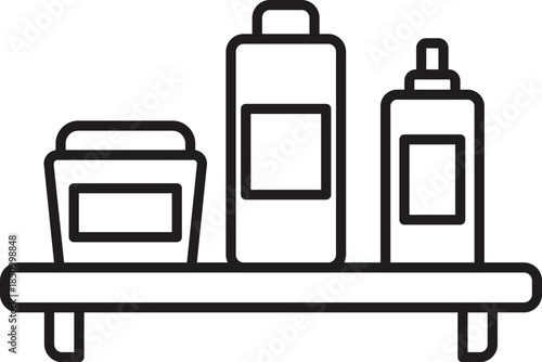 Simple line drawing of various personal care products sitting on a bathroom shelf