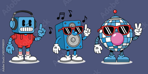 Music cartoon characters, speaker mascot, disco ball, headphone figure, fun design, animated style, playful vibe, flat vector illustration