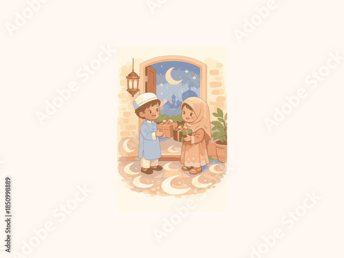 
Children exchanging Eid gifts at doorway with crescent light patterns, soft color