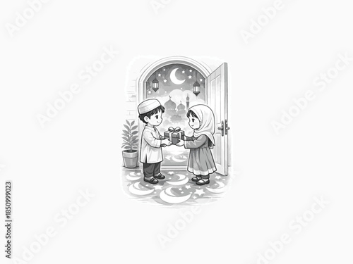 Children exchanging Eid gifts at doorway with crescent light patterns, soft color